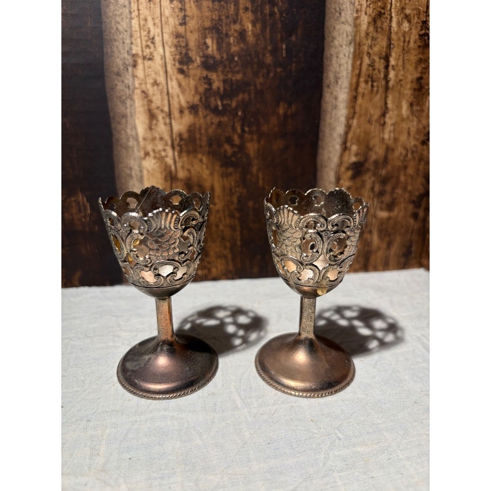Vintage Raimond Japan Silver Plated Filigree Egg Cups Set of 2 Ornate Pierced